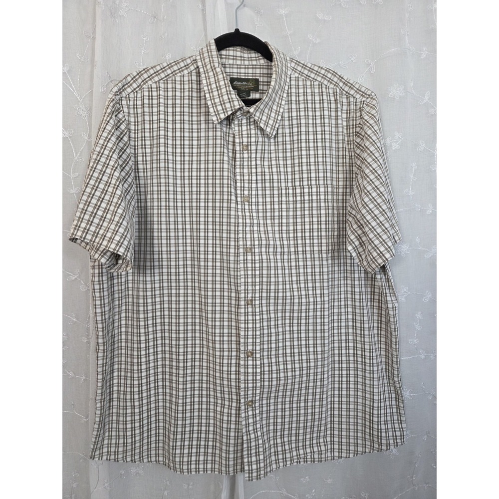 Eddie Bauer Brown Striped Plaid Short Sleeve Button Shirt XL